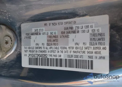 2021 Mazda Mx-5 Miata Grand Touring z USA, uszkodzony, nr VIN JM1NDAD72M0460662